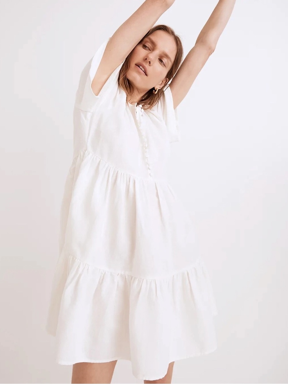MADEWELL Linen-Blend Flutter-Sleeve Tiered Mini Dress M NF890 ($128)